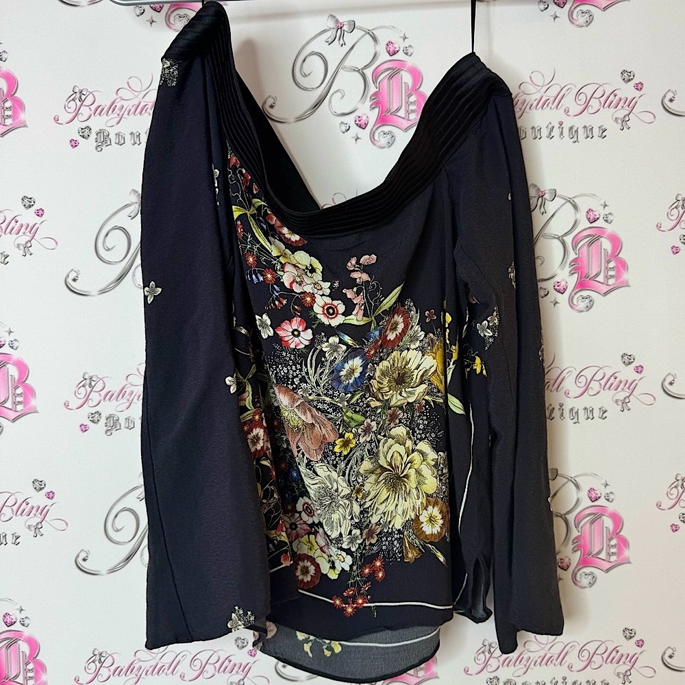 Zara Black Floral Blouse off shoulder flowers flowy top shirt long sleeves